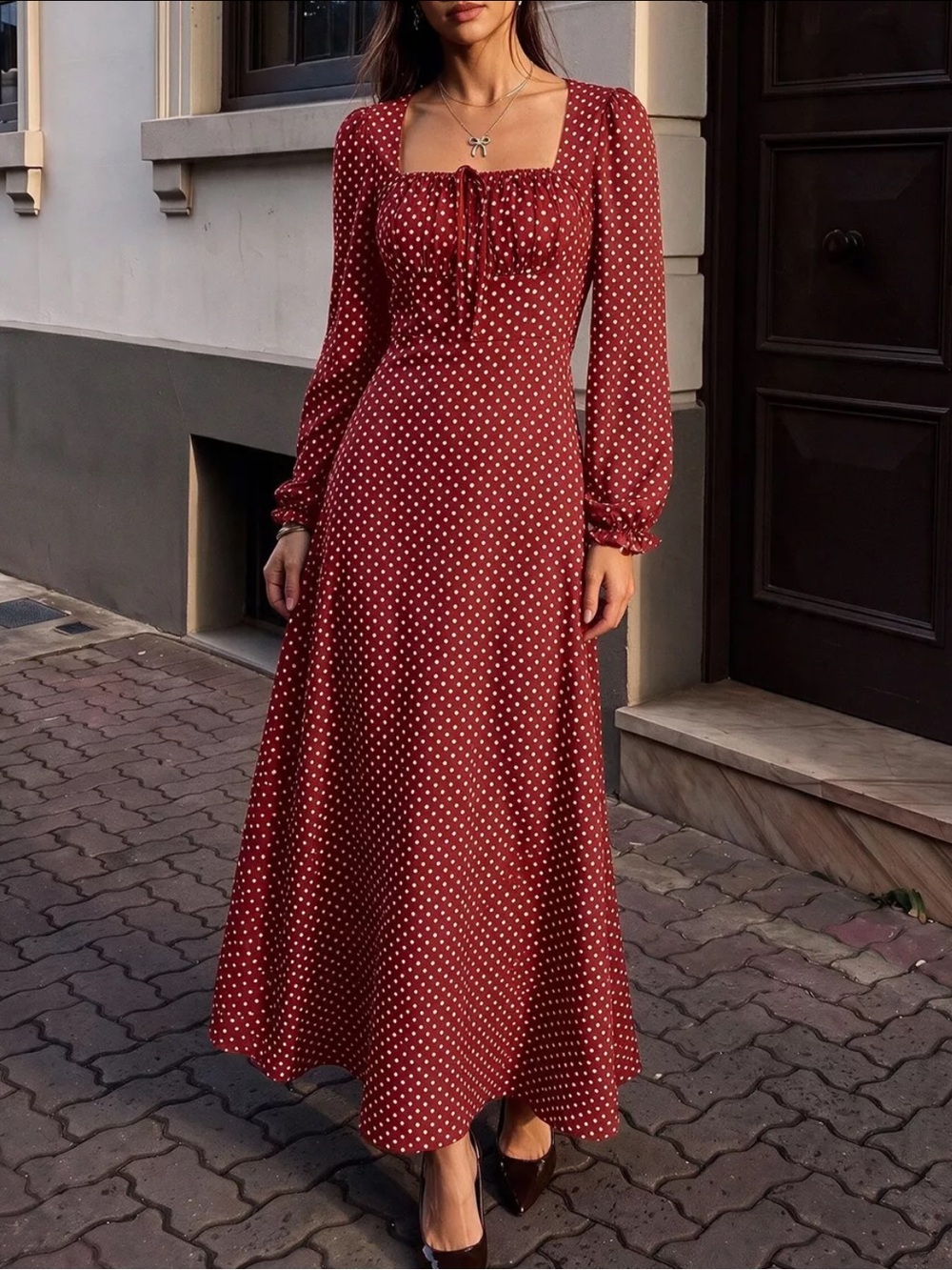 ⭐️ Square Neck Polka Dot Long Sleeve Maxi Dress